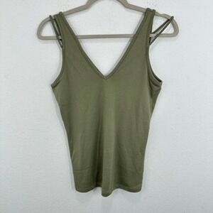 Topshop Olive Green V-Neck Ribbed‎ Tank Top Double Strap Casual Womens NWT